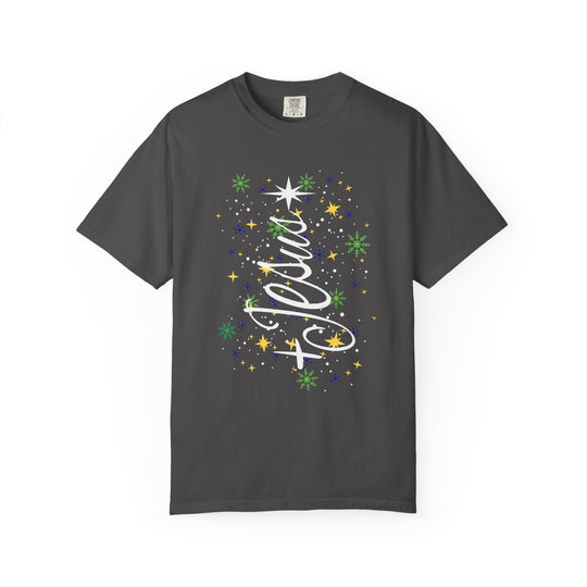 Charcoal-gray Jesus Tree Tee featuring festive stars and snowflakes around bold white script. Available in various sizes, offering luxurious comfort and style.