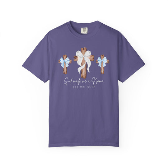 Purple Comfort Colors T-shirt featuring three rustic crosses with bows and the text God made me a Mama, from Faith Family Designs.
