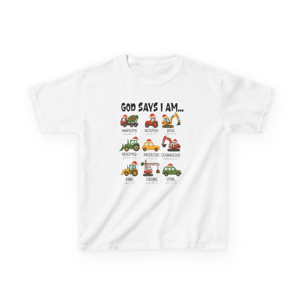 God Says Christmas Truck Kids Tee features nine cartoon construction vehicles with Santa hats, highlighting affirmations and Bible references on a durable, 100% cotton kids' T-shirt.