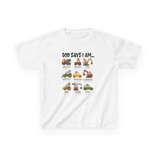God Says Christmas Truck Kids Tee features nine cartoon construction vehicles with Santa hats, highlighting affirmations and Bible references on a durable, 100% cotton kids' T-shirt.