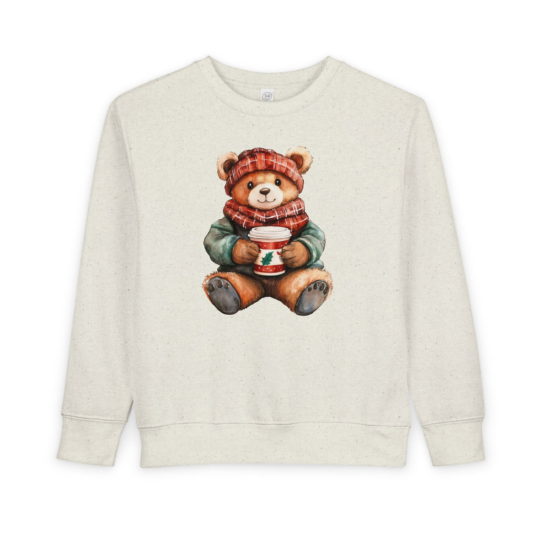 Light-beige Old Money Bear Crew sweatshirt featuring a teddy bear in winter attire, perfect for toddlers. Made from a soft cotton-polyester blend for warmth and comfort.