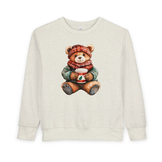 Light-beige Old Money Bear Crew sweatshirt featuring a teddy bear in winter attire, perfect for toddlers. Made from a soft cotton-polyester blend for warmth and comfort.