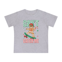 Can't Catch Me Baby Tee featuring a gingerbread character on a skateboard with festive graphics, ideal for infants' style and comfort in soft, durable fabric.