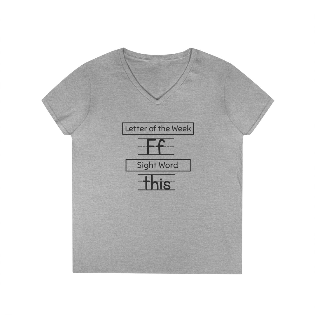 Light-gray V-neck T-shirt featuring Sight Word design with letter Ff and word this in educational style, made from 100% cotton.