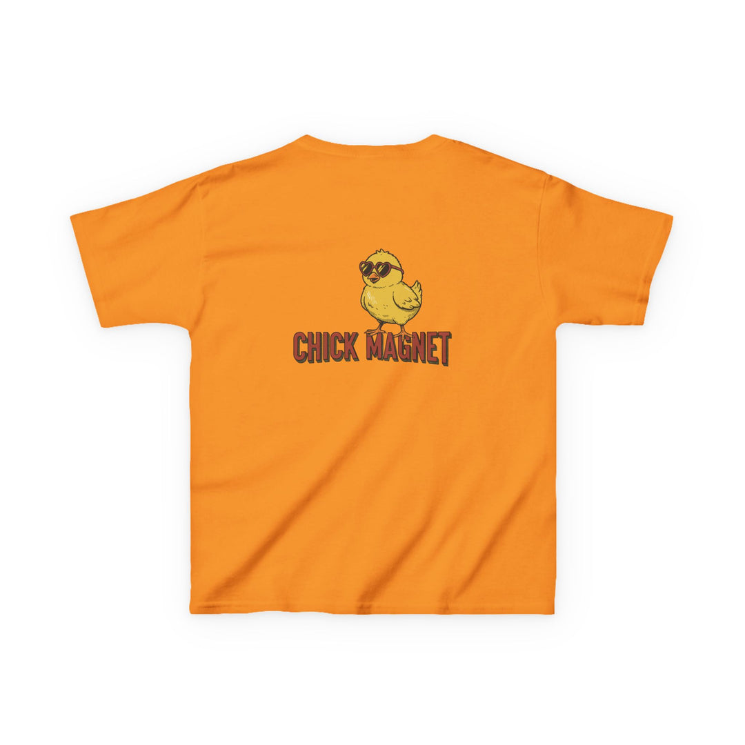 Chick Magnet Kids Tee: Bright orange T-shirt featuring a yellow chick in heart-shaped sunglasses with the caption CHICK MAGNET on the back.