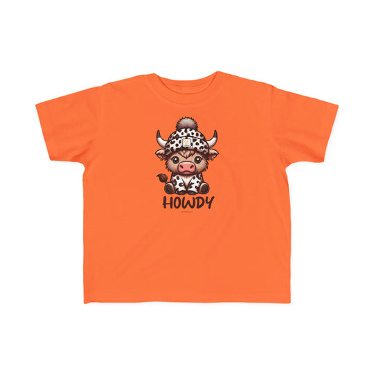 A toddler tee featuring a cartoon cow in a hat, the Howdy Toddler Tee. Made of soft 100% combed ringspun cotton, light fabric, tear-away label, and a classic fit. Sizes available: 2T, 3T, 4T, 5-6T.