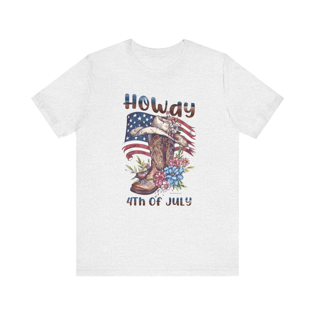 A white t-shirt featuring a cowboy hat and flowers, embodying the Howdy 4th Tee charm. Unisex jersey tee with ribbed knit collars, taping on shoulders, and 100% Airlume combed cotton for a beloved fit.