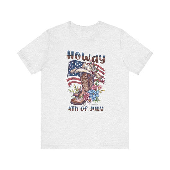 A white t-shirt featuring a cowboy hat and flowers, embodying the Howdy 4th Tee charm. Unisex jersey tee with ribbed knit collars, taping on shoulders, and 100% Airlume combed cotton for a beloved fit.