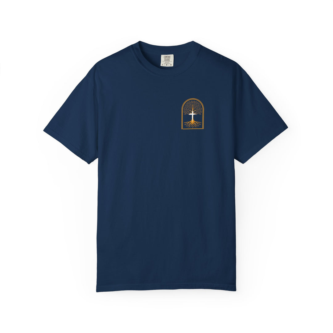 Navy-blue Adam to Noah Tree Tee with gold-toned tree of life graphic on left chest, from Comfort Colors, showcasing durability and comfort in a relaxed fit.