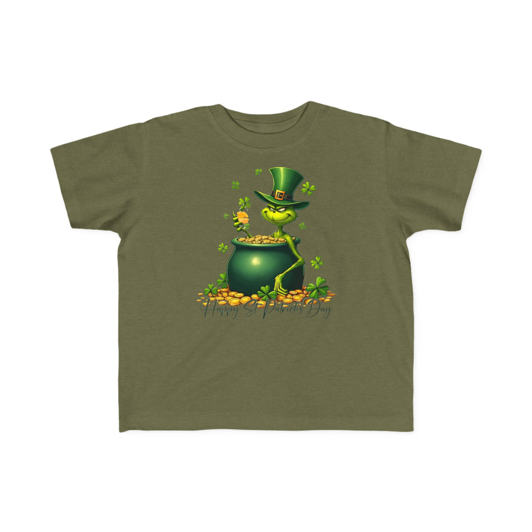 Grinchy St Patrick's Day Toddler's Tee featuring a cartoon leprechaun with a pot of gold, perfect for sensitive skin with a soft, durable print.