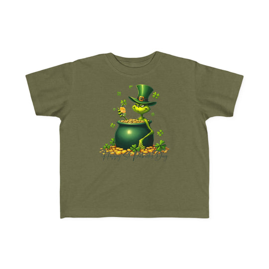 Grinchy St Patrick's Day Toddler's Tee featuring a cartoon leprechaun with a pot of gold, perfect for sensitive skin with a soft, durable print.