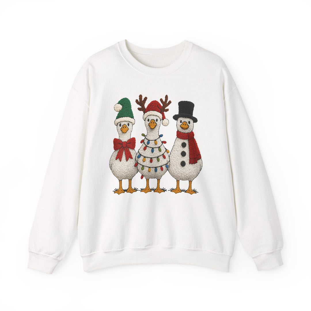 White crew-neck sweatshirt featuring festive print of three themed geese: Santa, reindeer, and snowman styles, highlighting the Christmas Ducks Crew design.