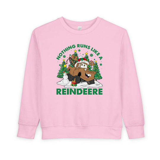 Pink Reindeere Toddler Crew sweatshirt featuring a Christmas-themed cartoon of a reindeer tow-truck with snowman, gifts, and snowflakes; cozy cotton-polyester blend.