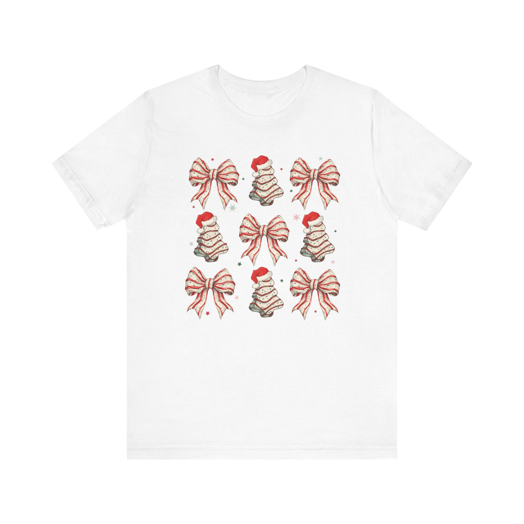 Cookies and Bows Baby Tee featuring festive icons of bows and Christmas trees in a 3x3 grid, offering a soft, durable, and stylish choice for infants.
