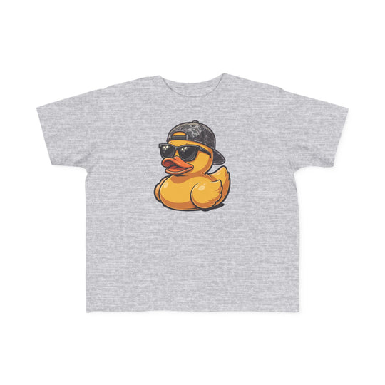 Ducky Toddler Tee features a playful yellow rubber duck wearing sunglasses and a camo cap on a heather-gray T-shirt, perfect for toddlers' sensitive skin.