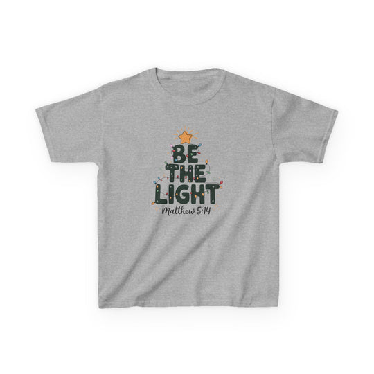 Light-heather-gray Be the Light kids tee featuring a stylized Christmas tree design with a Christian message, Bible reference Matthew 5:14, and colorful lights.