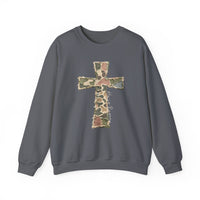 Heis Risen Cross Crew sweatshirt features a frayed camo cross with 'He is Risen' text, offering comfort and style from Faith Family Designs.