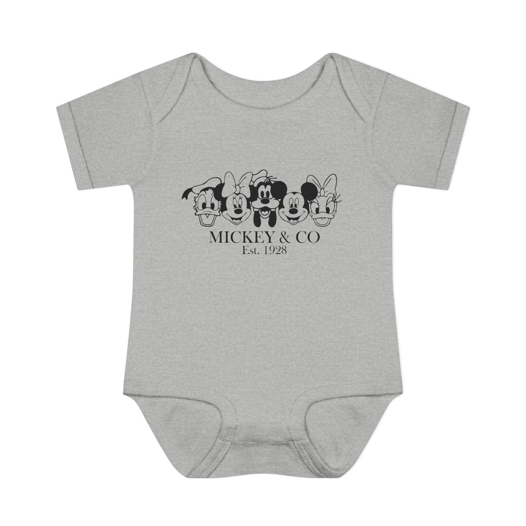 Mickey and CO Onesie, a soft infant bodysuit with lap shoulders, made from majority ring-spun cotton for comfort, featuring a unisex fit and tear-away label.
