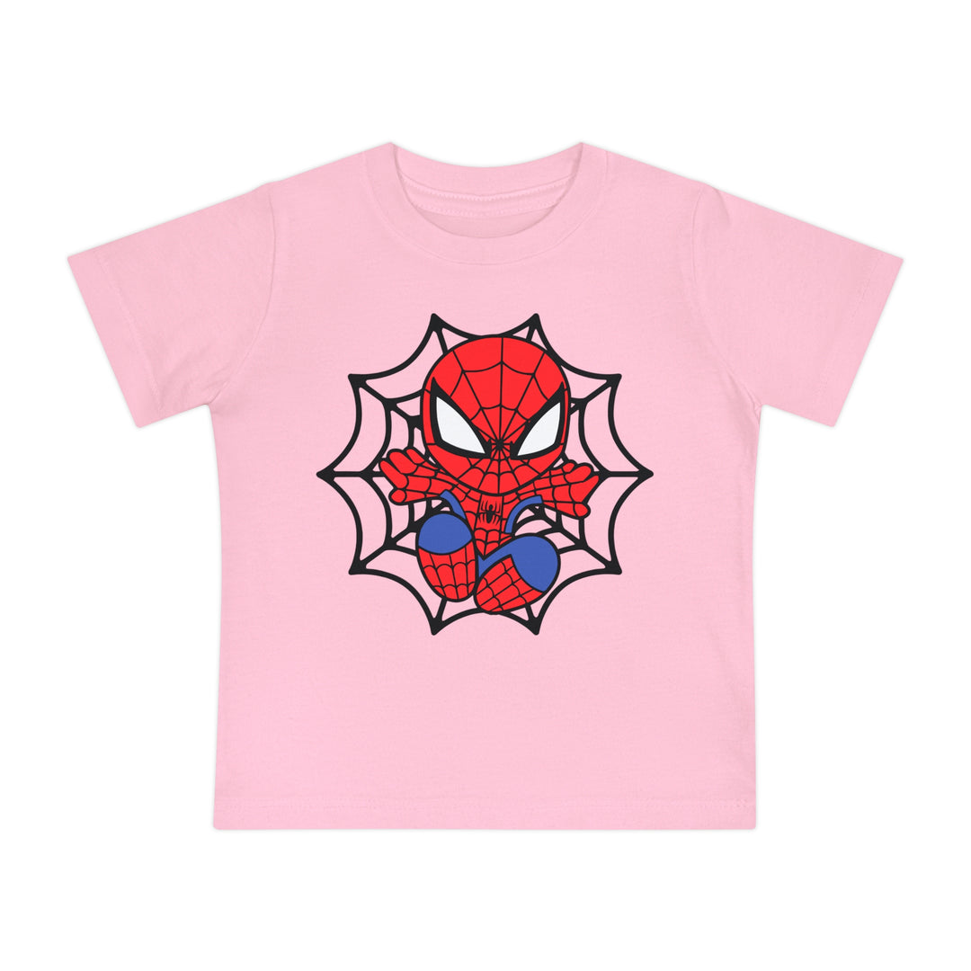 Spider Kid Baby Tee featuring a chibi Spider-Man crawling from a black web on a light-pink short-sleeve shirt, ideal for stylish baby comfort.