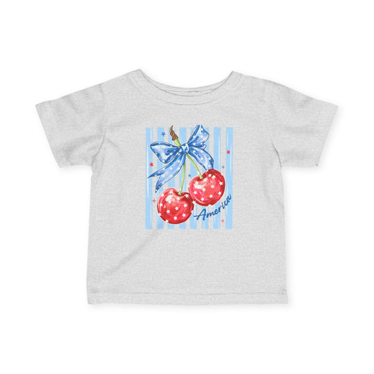 American Cherry Baby Tee: Light gray T-shirt with red cherries and blue ribbon graphic, America scripted below. Made of soft, durable cotton for infants.
