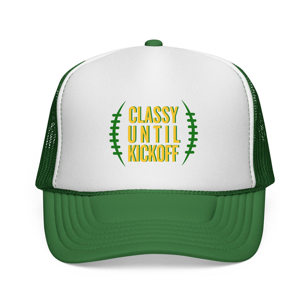 Copy of Trucker Caps featuring a football graphic and CLASSY UNTIL KICKOFF text, ideal for casual wear, with durable polyester front and adjustable snap closure.