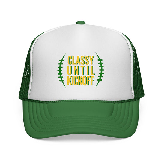 Copy of Trucker Caps featuring a football graphic and CLASSY UNTIL KICKOFF text, ideal for casual wear, with durable polyester front and adjustable snap closure.