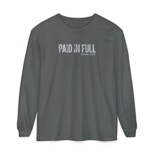 Paid in Full Long Sleeve Tee featuring distressed white PAID IN FULL with John 5:24 on chest, made of soft ring-spun cotton for a comfortable fit.