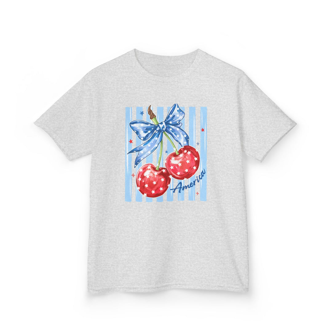 American Cherry Kids Tee with vibrant red cherries, blue ribbon, and America script on soft gray fabric, designed for comfort and durability in everyday wear.