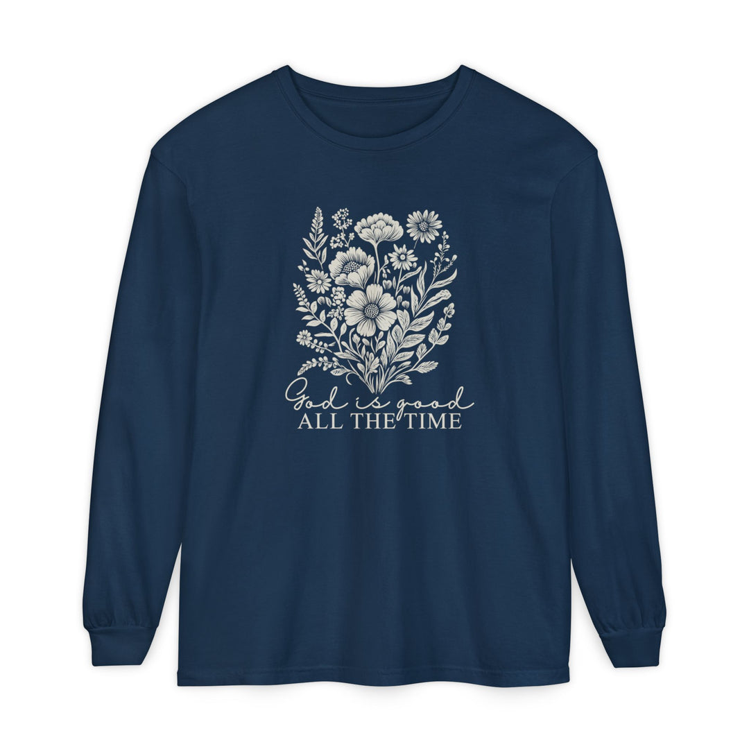 Navy-blue long-sleeve tee with off-white floral design and God is good ALL THE TIME text. Made from soft, 100% ring-spun cotton for comfort.