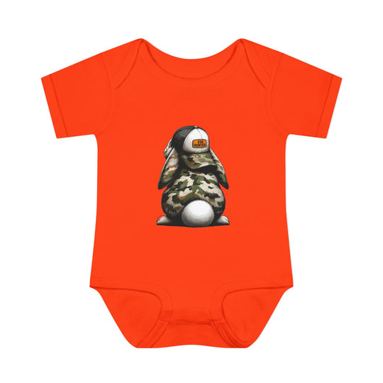 Egg Hunter Onesie: An orange baby bodysuit featuring a cartoon bunny, crafted from soft ring-spun cotton, ideal for comfort with lap shoulders for easy dressing.