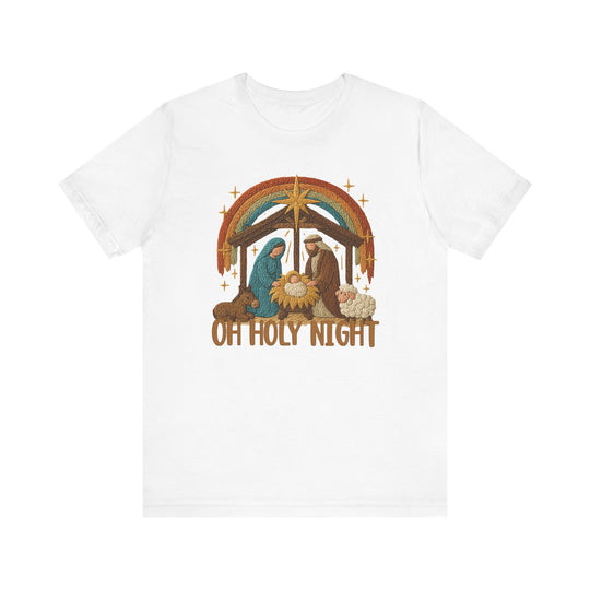 Oh Holy Night Tee featuring a Nativity scene with Mary, Joseph, baby Jesus, and animals under a star, framed by a rainbow arch.