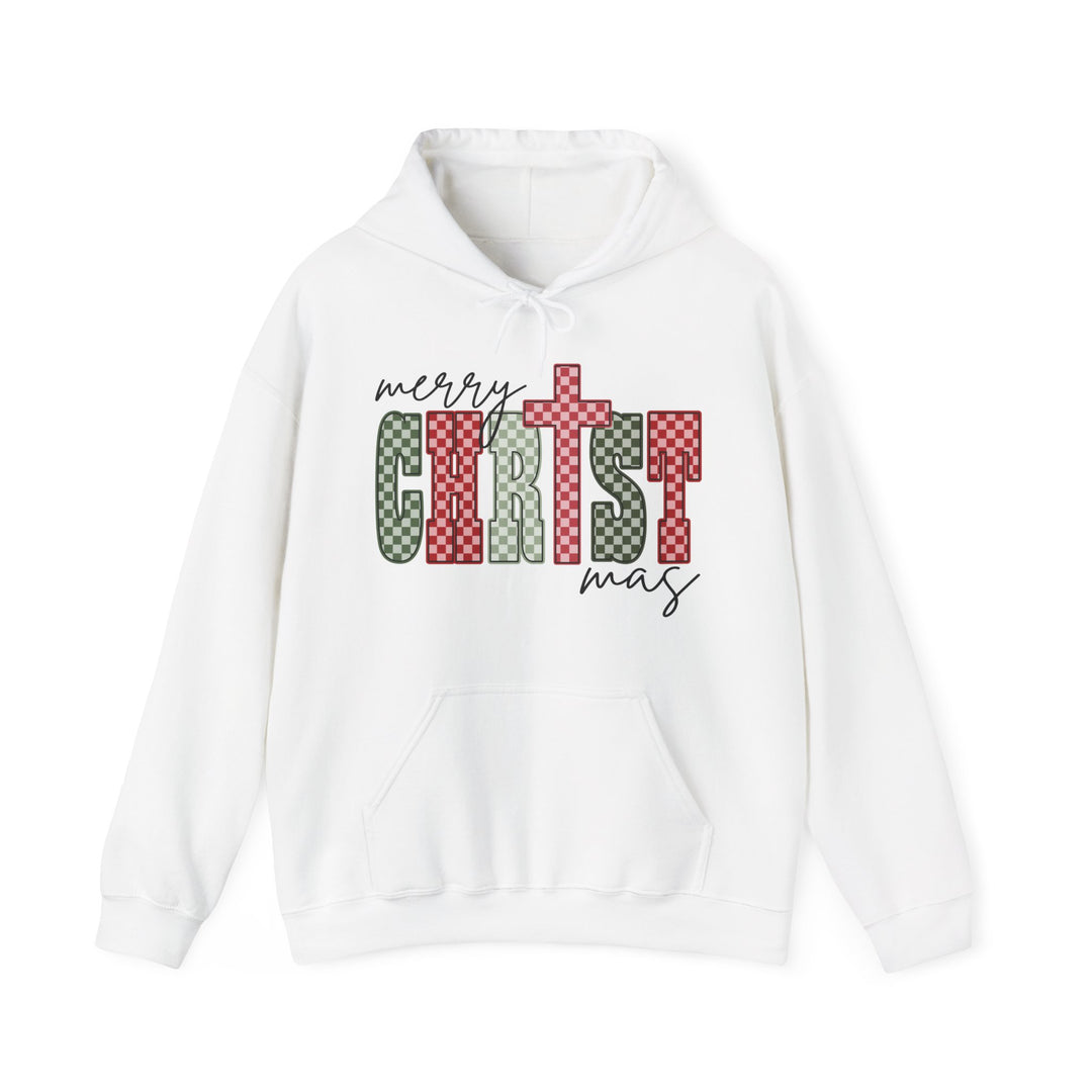 White Christmas Hoodie with Merry Christmas graphic in red and green checkered text, featuring a kangaroo pocket and drawstring hood.