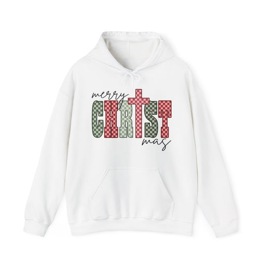 White Christmas Hoodie with Merry Christmas graphic in red and green checkered text, featuring a kangaroo pocket and drawstring hood.
