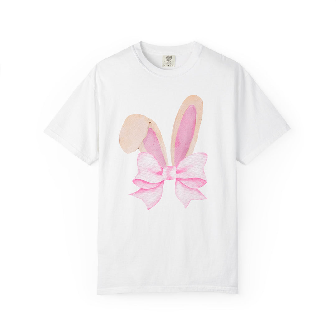 Bunny Bow Tree Tee featuring watercolor-style bunny ears and a pink bow on a white short-sleeve crew-neck. Available in various sizes for luxurious comfort.