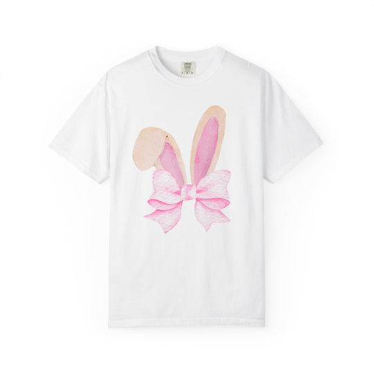 Bunny Bow Tree Tee featuring watercolor-style bunny ears and a pink bow on a white short-sleeve crew-neck. Available in various sizes for luxurious comfort.