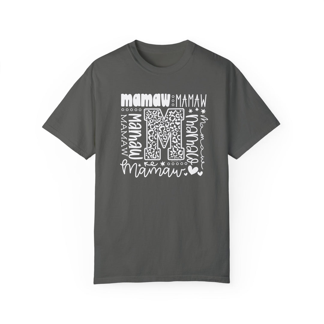 Comfort Colors 1717 Mamaw Tee: Grey t-shirt with white text, ring-spun cotton, relaxed fit, double-needle stitching, no side-seams, crew neckline. Available in various sizes. Ethically made with 100% US cotton.
