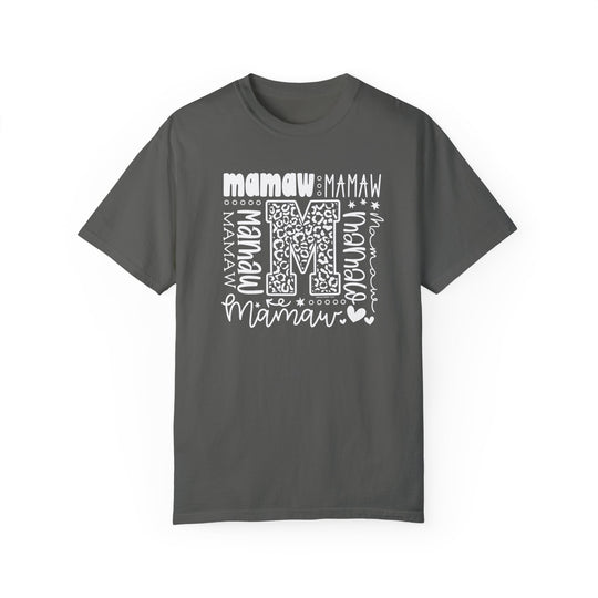 Comfort Colors 1717 Mamaw Tee: Grey t-shirt with white text, ring-spun cotton, relaxed fit, double-needle stitching, no side-seams, crew neckline. Available in various sizes. Ethically made with 100% US cotton.
