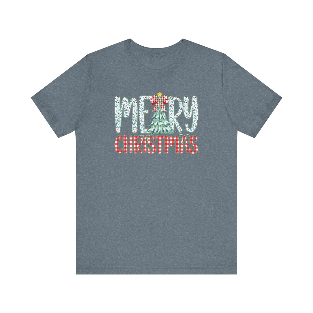 Heather-blue short-sleeve T-shirt featuring MERRY CHRISTMAS with holly-leaf and plaid patterns, highlighting festive spirit. Made from soft cotton for comfort.