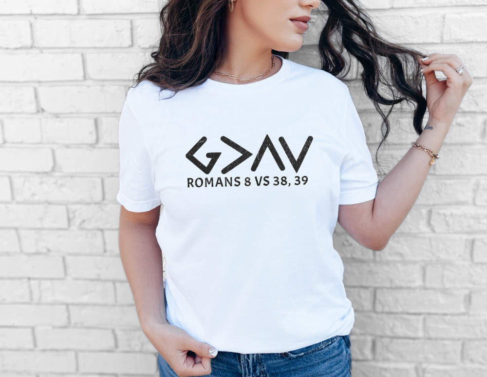 God is Greater Tee featuring a woman wearing a casual white shirt, illustrating the classic unisex jersey's fit, suitable for both men and women.