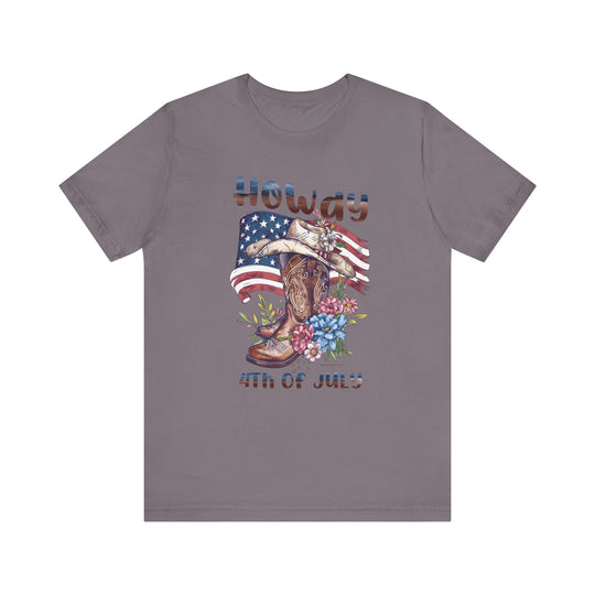 A classic Howdy 4th Tee unisex jersey shirt with cowboy hat, boot, and flower prints. 100% Airlume combed cotton, retail fit, tear away label, ribbed knit collars, and taping on shoulders for durability.