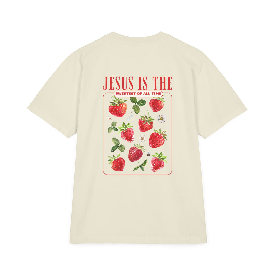 Unisex Jesus is the Sweetest Tee with drop-shoulder design, vintage-washed finish, and ribbed crew neck, offering a relaxed, oversized streetwear fit.