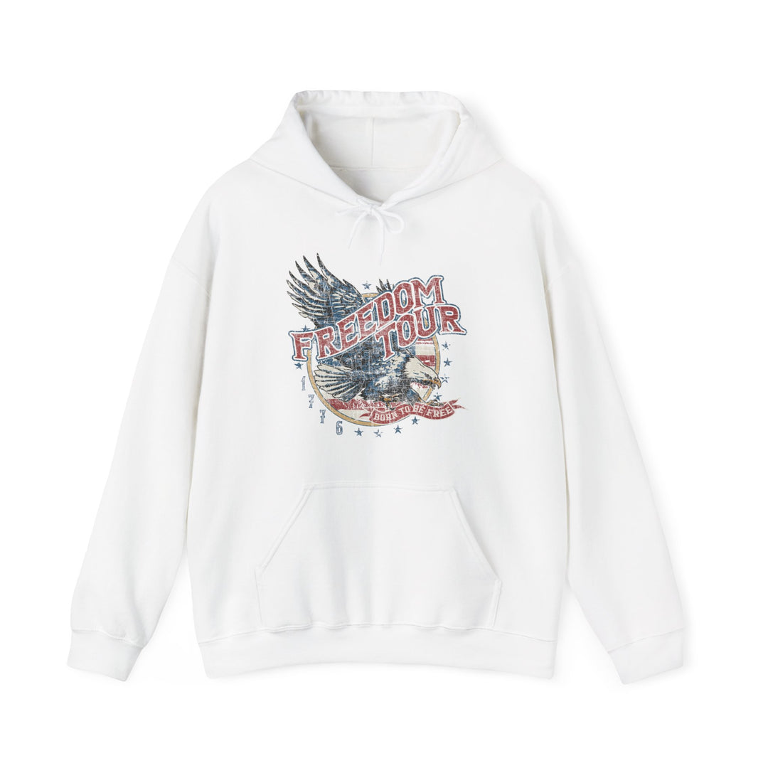A white Freedom Tour Hoodie, a blend of cotton and polyester, featuring a graphic design and logo. Unisex, heavy fabric with kangaroo pocket and drawstring hood. Classic fit, tear-away label, sizes S-5XL.