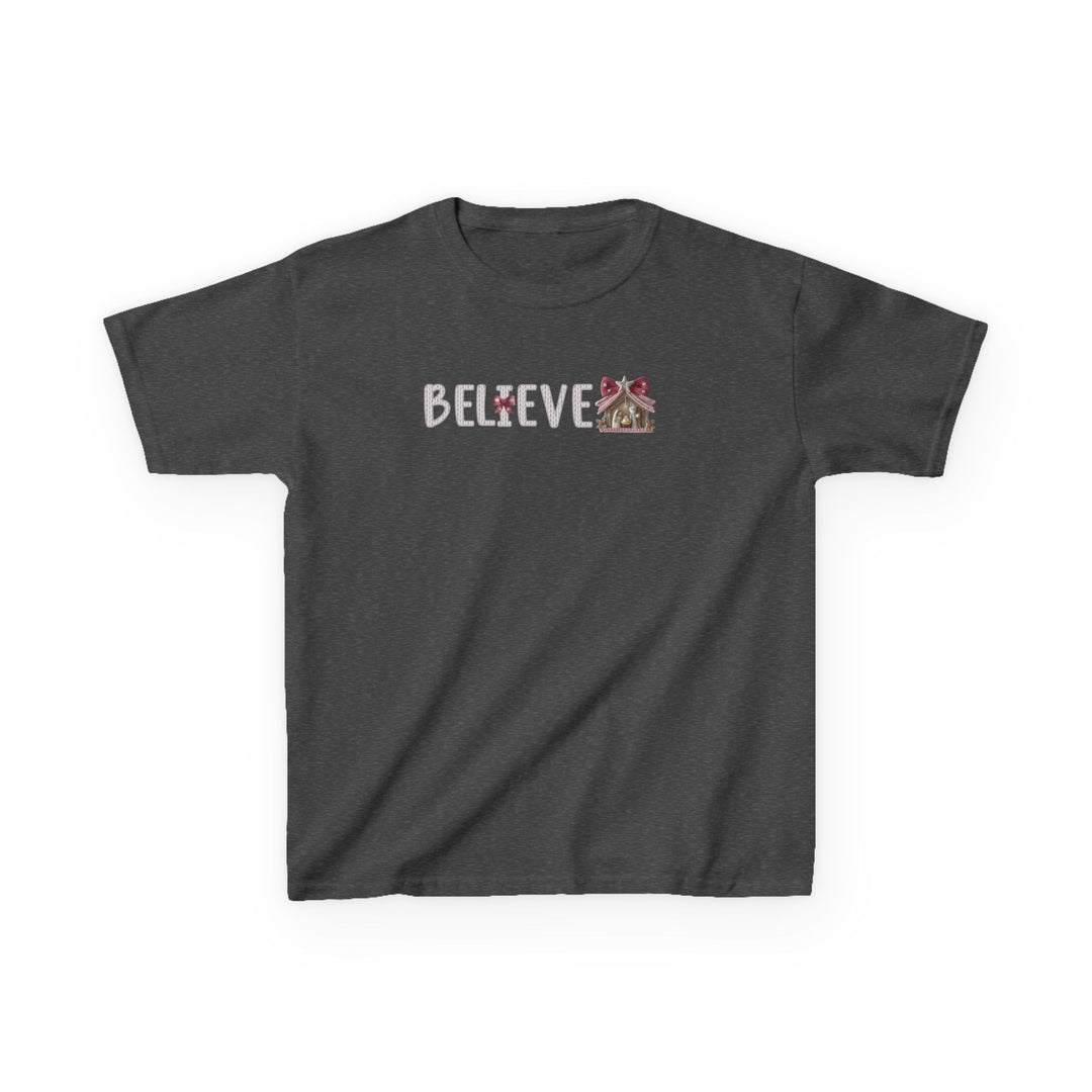 Charcoal kids tee with BELIEVE in plaid font and nativity graphic, crafted from soft, durable cotton.