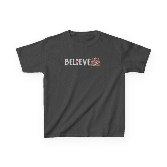 Charcoal kids tee with BELIEVE in plaid font and nativity graphic, crafted from soft, durable cotton.