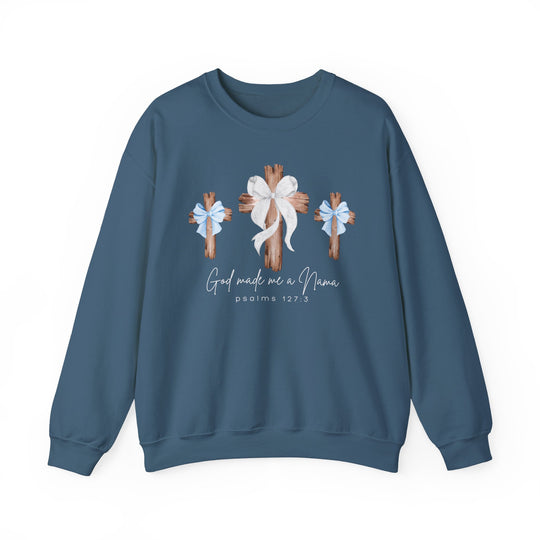 Blue sweatshirt with three wooden crosses and 'God made me a Nana' text, offering comfort with a polyester-cotton blend and ribbed collar.