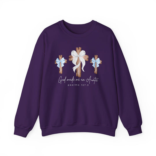 Purple crewneck sweatshirt with three wooden crosses, lace and blue bows, and God Made Me a Boy Auntie text, inspired by Psalms 127:3.