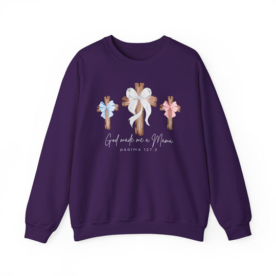 Purple sweatshirt with three crosses graphic, bows, God Made Me a Mama text, and Psalms 127:3, combining comfort with faith-themed design.