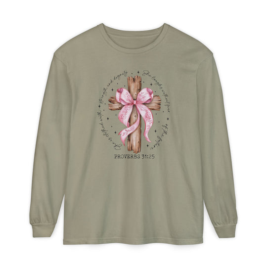 Proverbs 31:25 Long Sleeve Tee with a wooden cross and pink ribbon design encircled by scripture, showcasing strength and dignity on soft, garment-dyed cotton.