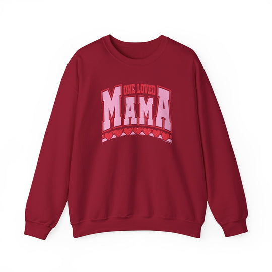 One Loved Mama Crew red sweatshirt featuring a graphic design, perfect for comfort with a loose fit and ribbed knit collar.