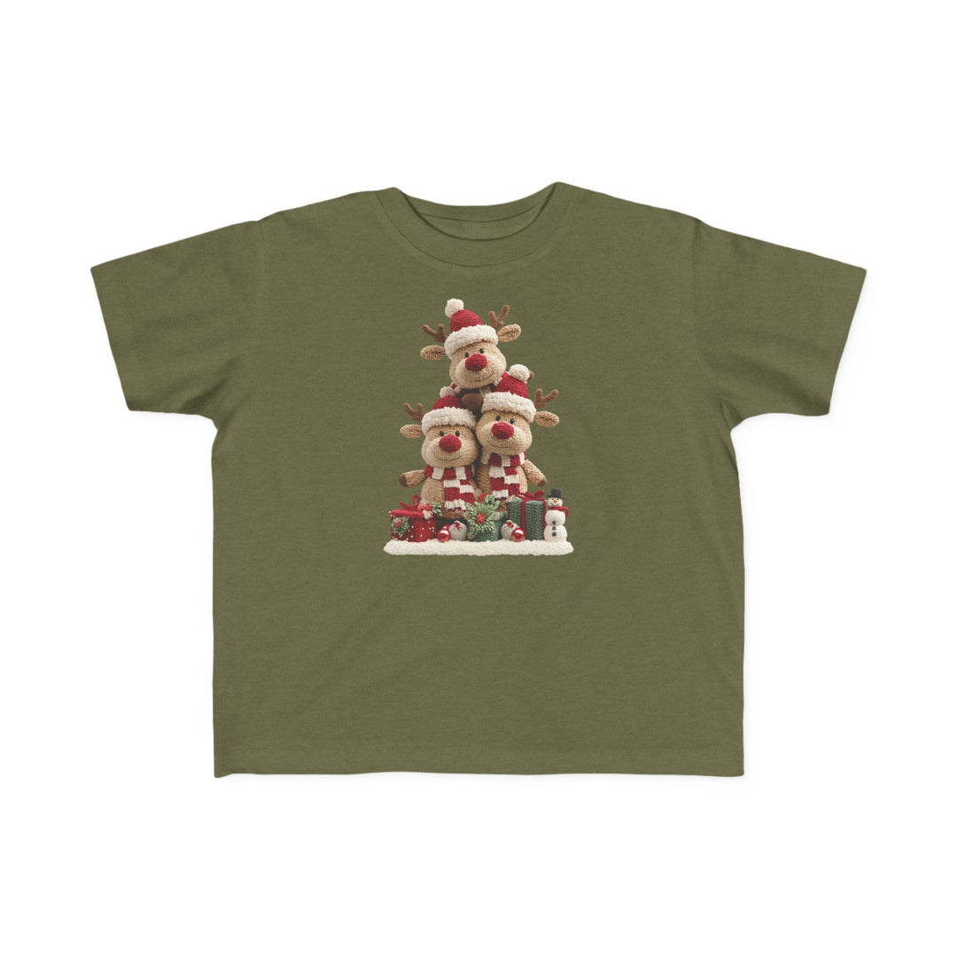 Reindeer Tree Toddler Tee featuring festive reindeer plushies in Santa hats, gifts, holly, and a snowman, designed for softness and durability, perfect for toddlers.